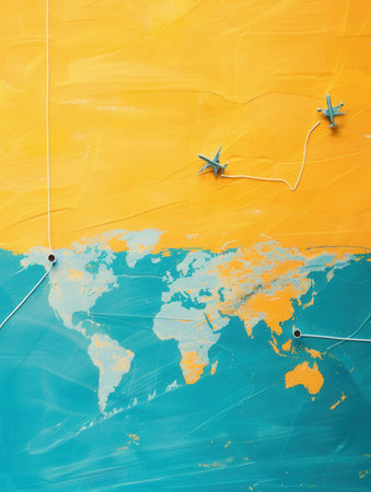 A simple and symbolic minimalist design featuring a world map with highlighted routes, perfect for travel agencies and global booking services.の素材