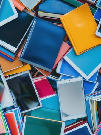 A vibrant collection of tablets and e-readers showcasing digital textbooks and educational materials.の素材