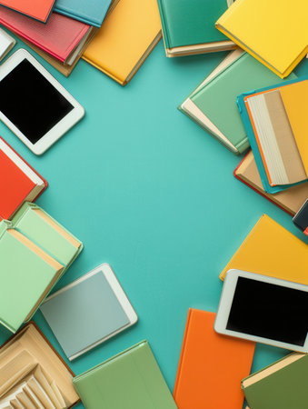 A flat lay of tablets and books on a blue background, showing modern digital learning tools and traditional textbooks.の素材