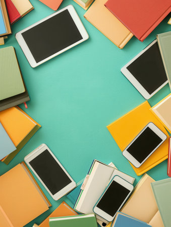 Digital devices, including tablets and e-readers, are arranged around a teal background, showing the modern landscape of digital learning.の素材