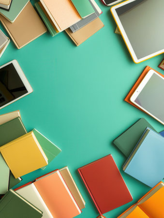 An overhead view of tablets and e-readers surrounding a variety of books on a turquoise background, representing the modern evolution of learning.の素材