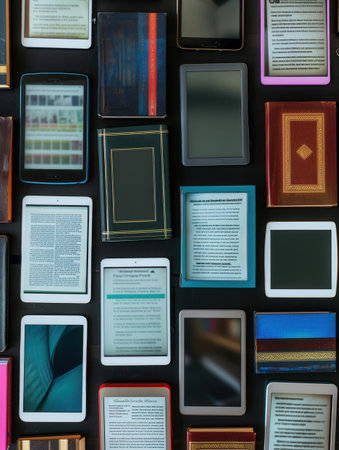 A close-up image of various tablets and e-readers displaying educational materials, showing the evolution of digital learning.の素材