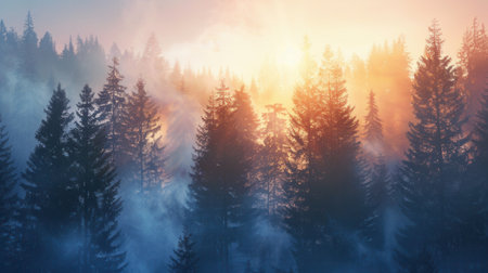 A serene forest landscape at dawn, with sunbeams piercing through the mist, illuminating the towering trees.の素材