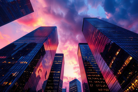 A breathtaking view of a modern cityscape at sunset, with skyscrapers silhouetted against a dramatic sky filled with vibrant sunset colors.の素材
