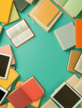 A vibrant flat lay featuring colorful e-readers, tablets, and textbooks, signifying modern digital learning and educational resources.の素材