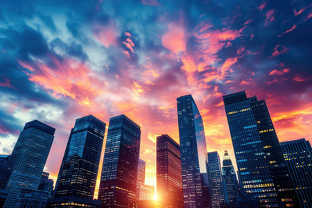 A breathtaking cityscape at sunset, showcasing towering skyscrapers silhouetted against a dramatic sky filled with vibrant hues of orange, pink, and purple.の素材
