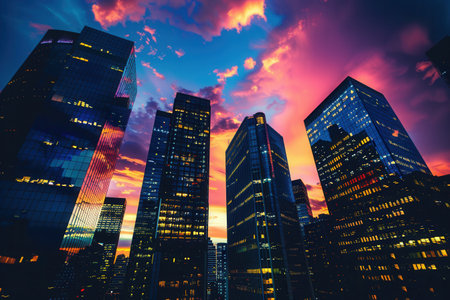 A captivating cityscape at sunset, featuring skyscrapers silhouetted against a dramatic sky bursting with vibrant colors.の素材