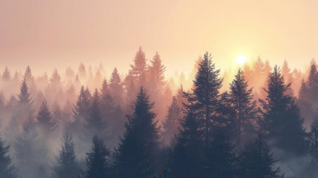 A stunning sunrise lights up the sky and forest in golden hues, showing the beauty of nature. Perfect for eco-friendly businesses and projects.の素材