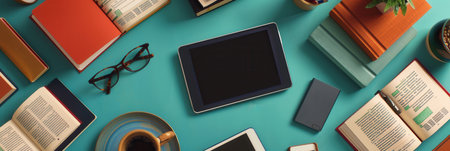 A flat lay showcasing digital learning tools. Tablets and e-readers with educational content and e-textbooks, perfect for online schools and e-book publishers.の素材