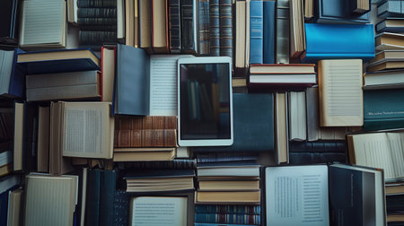 A close-up image showing digital learning tools like e-readers and tablets, surrounded by a multitude of traditional books, representing the evolution of education.の素材