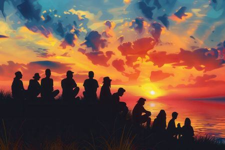 Silhouettes of people sitting on a beach, enjoying the sunset. The image evokes a sense of friendship and peace, making it ideal for event advertising and social project campaigns.の素材