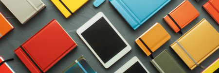 A flat lay image showing tablets displaying educational materials, representing modern digital learning and e-book publishing.の素材