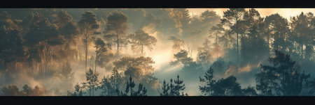 A stunning forest at sunrise, tall trees glowing in the morning light. Mist adds a mystical feeling, creating a serene natural environment.の素材