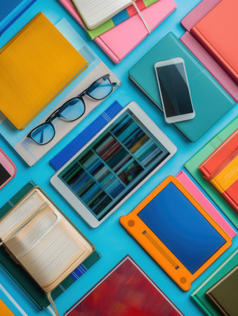 A flat lay featuring various tablets, e-readers, and books showing the evolution of learning and reading.の素材