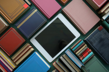 A flat lay image showing a tablet computer and various books, symbolizing the blend of modern and traditional learning methods.の素材