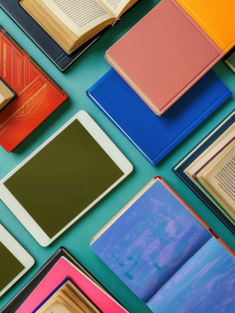 A flat lay image showing tablets and traditional textbooks on a teal background, representing the modern shift towards digital learning.の素材