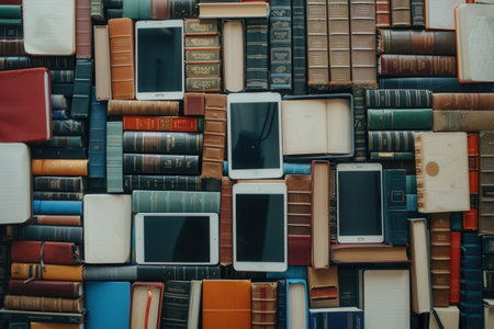 A collection of tablets and e-readers displaying educational materials and e-textbooks surrounded by traditional books.の素材