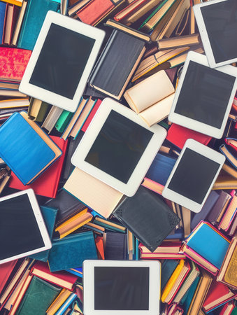 A collection of digital tablets and e-readers displaying educational materials and e-textbooks, surrounded by traditional books.の素材