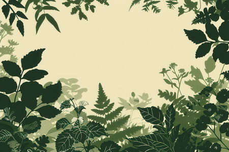 A minimalist background featuring silhouettes of various leaves and flowers in shades of green. Perfect for eco-design projects or green store branding.の素材