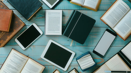 Various tablets and e-readers displaying educational materials and e-textbooks lie on a blue wooden table.の素材