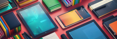 A flat lay image showing various digital learning devices alongside traditional books, highlighting the convergence of modern technology and classic education.の素材