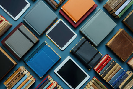 A flat lay showing tablets and e-readers displaying educational materials against a blue background.の素材