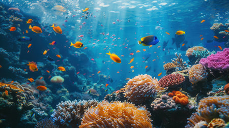 A colorful and enchanting underwater scene featuring vibrant coral reefs, exotic fish, and sea creatures.の素材