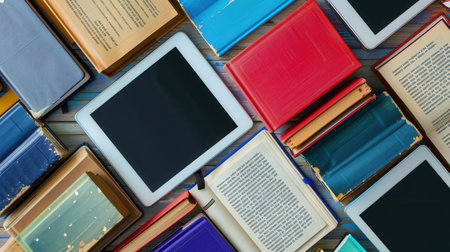 A flat lay image showing tablets and e-readers displaying educational content. The background features traditional books, signifying a blend of old and new learning methods.の素材