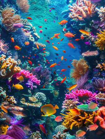 A stunning underwater scene featuring vibrant coral reefs, exotic fish, and sea creatures in a tropical paradise.の素材