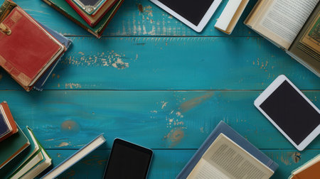 A flat lay image featuring tablets, e-readers, and books, all displaying educational materials on a blue wooden table.の素材