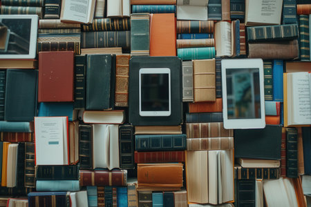 Tablets and e-readers displaying digital learning materials sit amongst a stack of traditional books, symbolizing the modern evolution of education.の素材