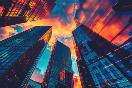 A captivating view of skyscrapers silhouetted against a dramatic sunset sky, showing the dynamism and modernity of urban development.の素材