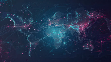 A simple, symbolic image featuring a world map with highlighted routes for global travel. Ideal for travel agencies and booking services.の素材