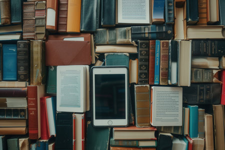 Tablets and e-readers showcasing educational materials and e-textbooks, nestled within a sea of traditional books.の素材