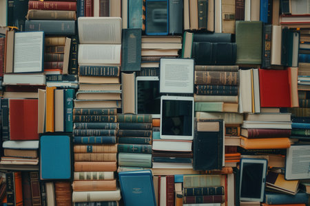 A close-up image of multiple tablets and e-readers displaying educational materials and e-textbooks, showing the modern shift towards digital learning.の素材