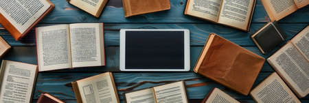 A tablet computer with a blank screen sits on a wooden table, surrounded by open books.の素材