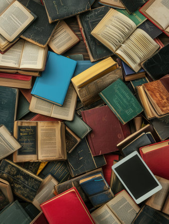 An image featuring a collection of digital tablets and e-readers displaying educational materials and e-textbooks, representing modern learning and online education.の素材