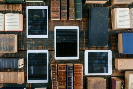 A flatlay image featuring tablets and e-readers displaying educational materials, surrounded by traditional, leather-bound textbooks.の素材