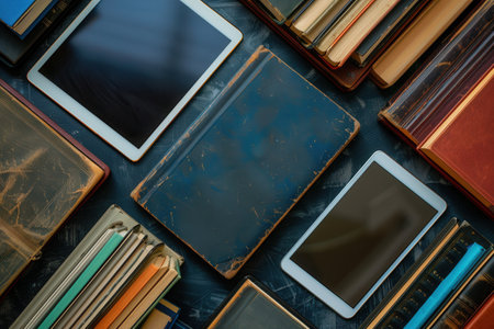 Modern tablets and classic books lay on a dark surface, showing the blending of traditional and digital learning.の素材