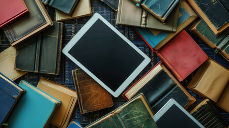 Close-up photo of tablets & e-readers with educational materials, surrounded by traditional books, symbolizing the blend of old & new learning methods.の素材