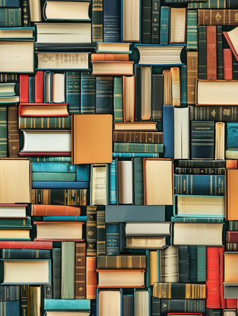 A colorful, digitally-focused image of a library wall stacked with physical and digital books.の素材