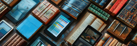 Tablets and e-readers showcasing digital educational materials and e-textbooks, highlighting modern learning and digital resources.の素材