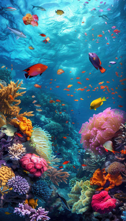 A stunning underwater image showcasing a vibrant coral reef teeming with colorful fish and sea creatures, ideal for diving centers and marine aquariums.の素材