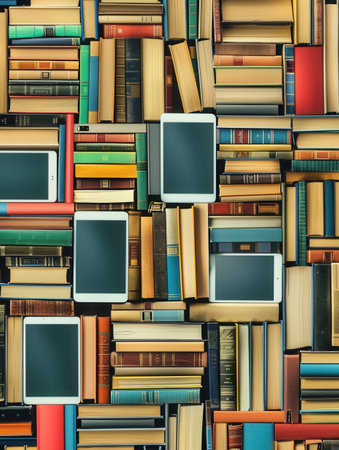 Image shows modern tech integrated with traditional learning: tablets and e-readers alongside books, symbolizing future education.の素材