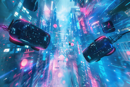 Immerse yourself in a vibrant virtual reality world where VR headsets soar through a futuristic cityscape, showing the possibilities of immersive technology.の素材