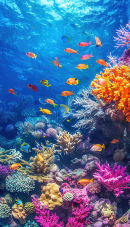 A captivating underwater scene showcasing a diverse and vibrant coral reef ecosystem teeming with colorful fish.の素材