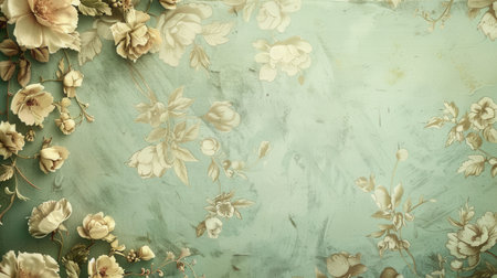 A vintage wallpaper background with delicate beige roses and a faded green hue. Perfect for antique shops, retro cafes, and nostalgic projects.の素材