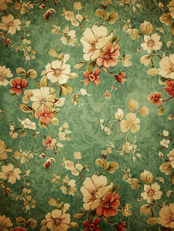A seamless, vintage floral wallpaper pattern featuring white and red flowers on a green background.の素材