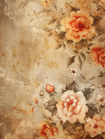 A close-up of a vintage floral wallpaper pattern featuring delicate roses and leaves.の素材