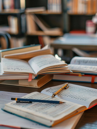 A close-up shot of a neatly arranged study desk with open textbooks, notebooks, pens, and pencils. The setting appears to be a library with bookshelves in the background.の素材